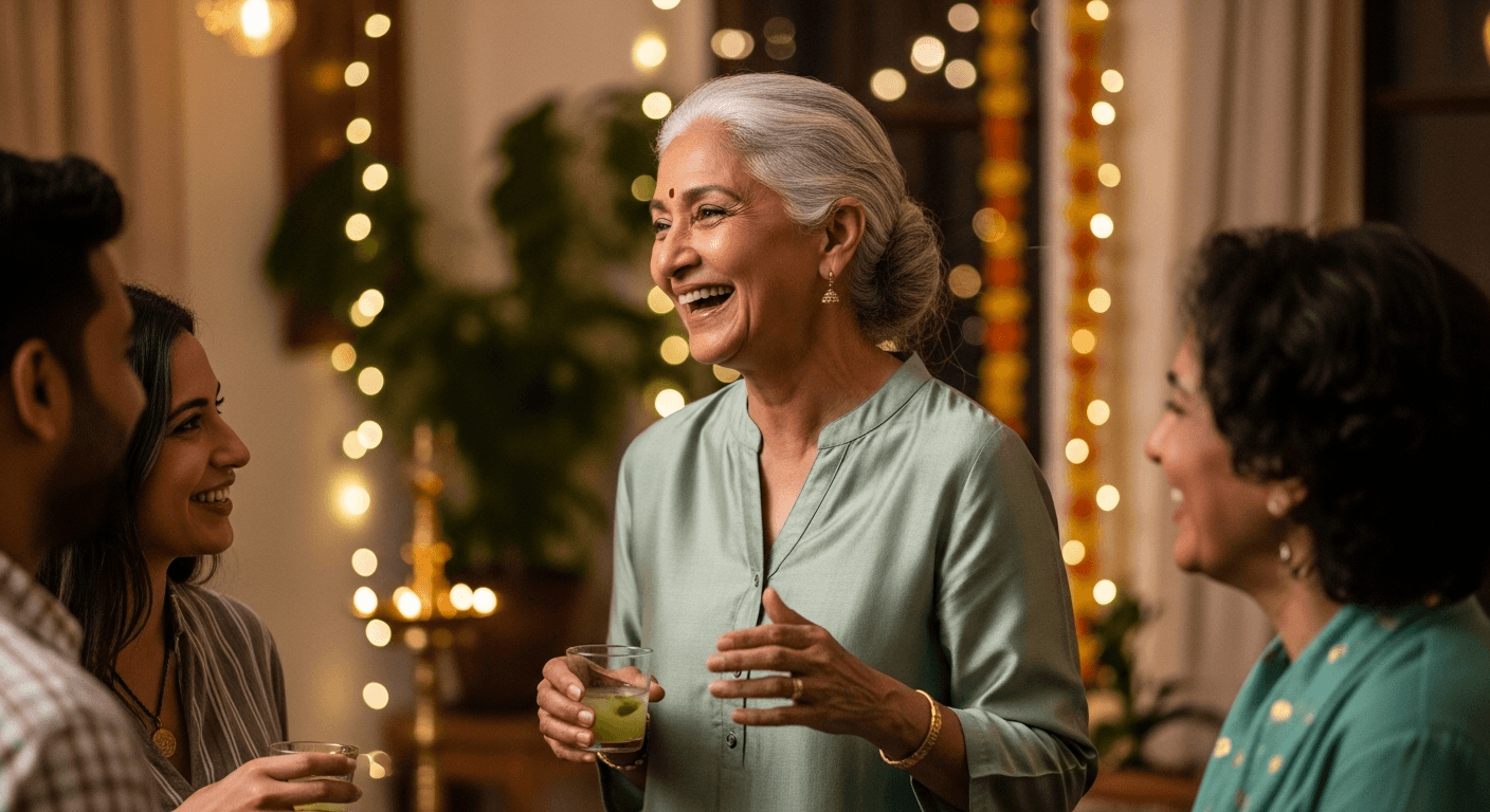 Elderly Indian friends gathered at a warm house party
