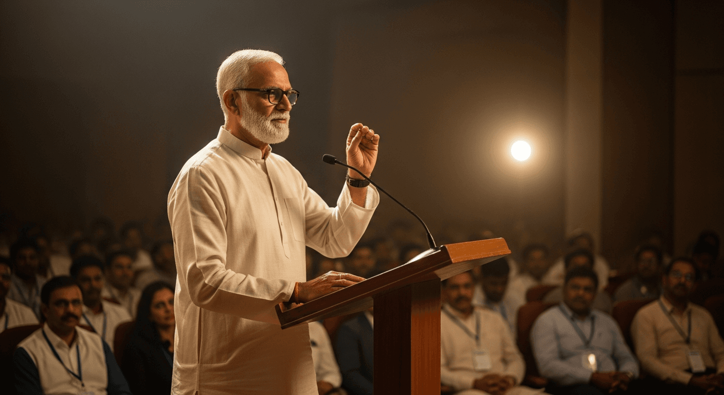 An elderly Indian gentleman speaking confidently at a community gathering