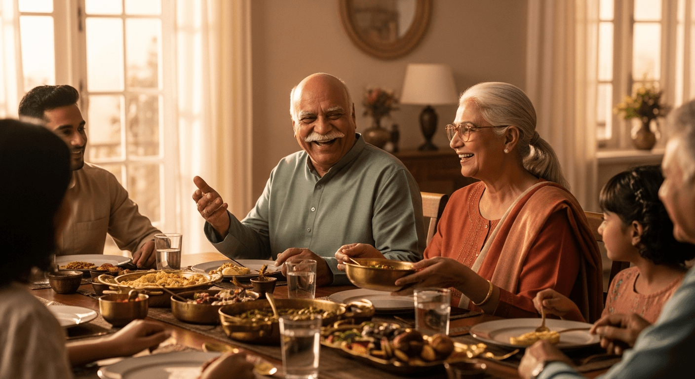 An Indian multi-generational family sharing dinner together