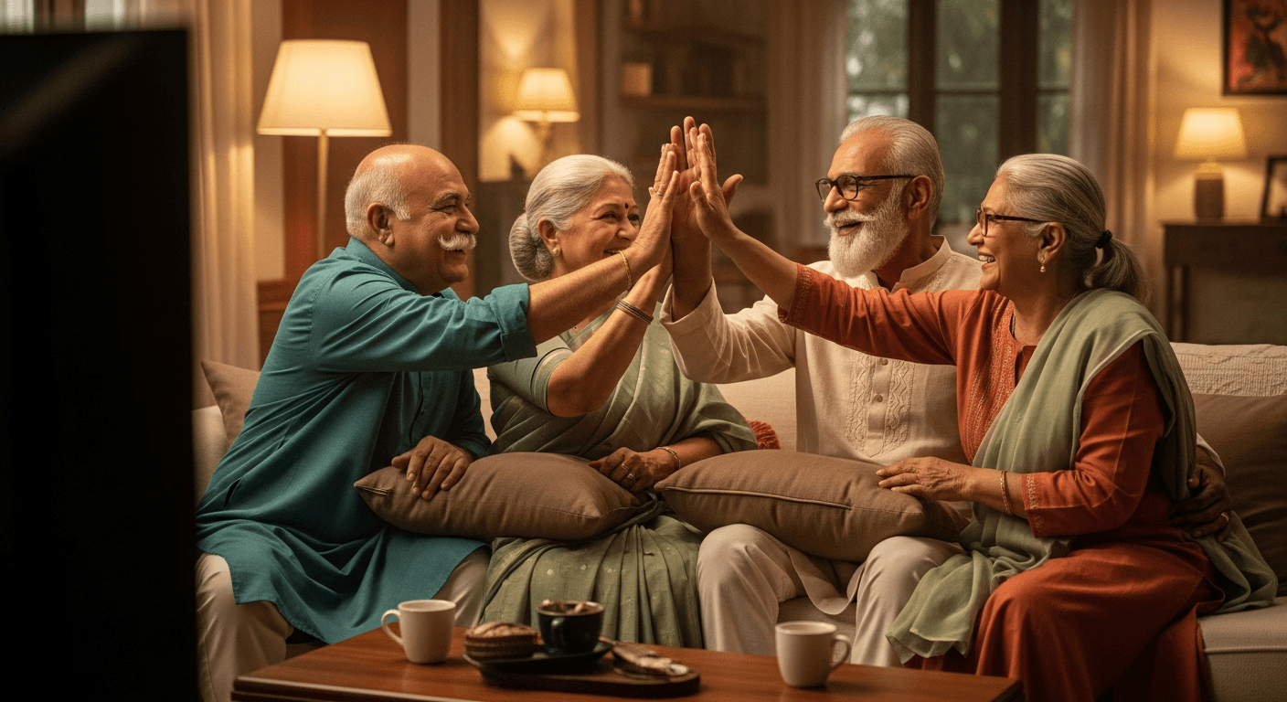 Four elderly Indians watching a cricket match together, mid high-five